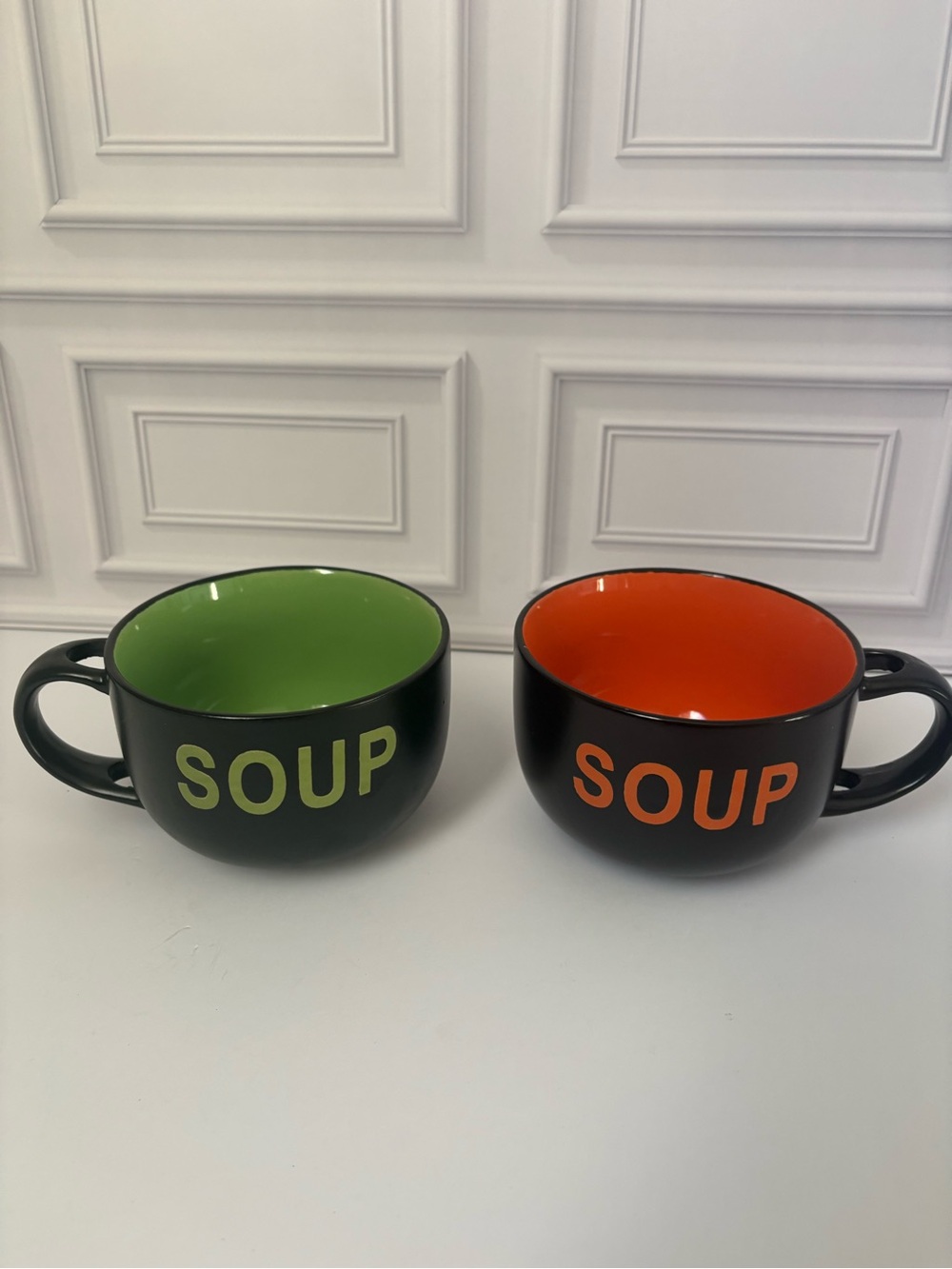 New Set of 2 Soup Mugs with Handles – Black, Green & Orange